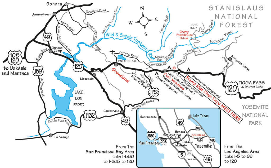 Map to meeting spot for Cherry Creek/Upper Tuolumne rafting trips