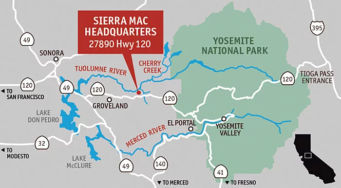 Yosemite river rafting map, Cherry Creek, Merced and Tuolumne rivers.