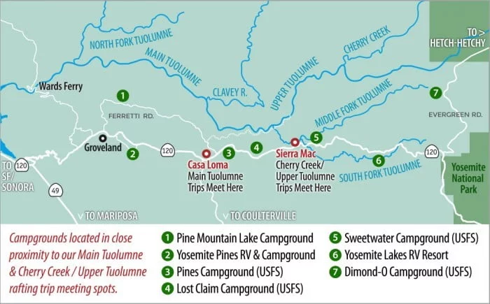 Map showing campgrounds in proximity to Tuolumne River