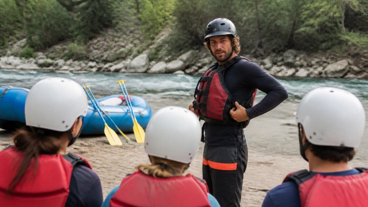 Professional river guide demonstrating proper helmet fit and life jacket adjustment to a group of paddlers on a sandy riverbank before launching, with a raft and paddles visible in background